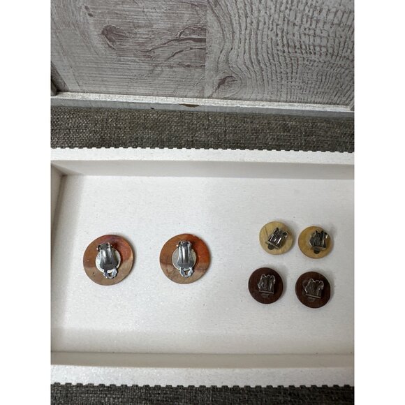 Vintage Clip-On Earrings Set Of 3 Wooden Tribal & Modern Designs Round Shape - Picture 2 of 5